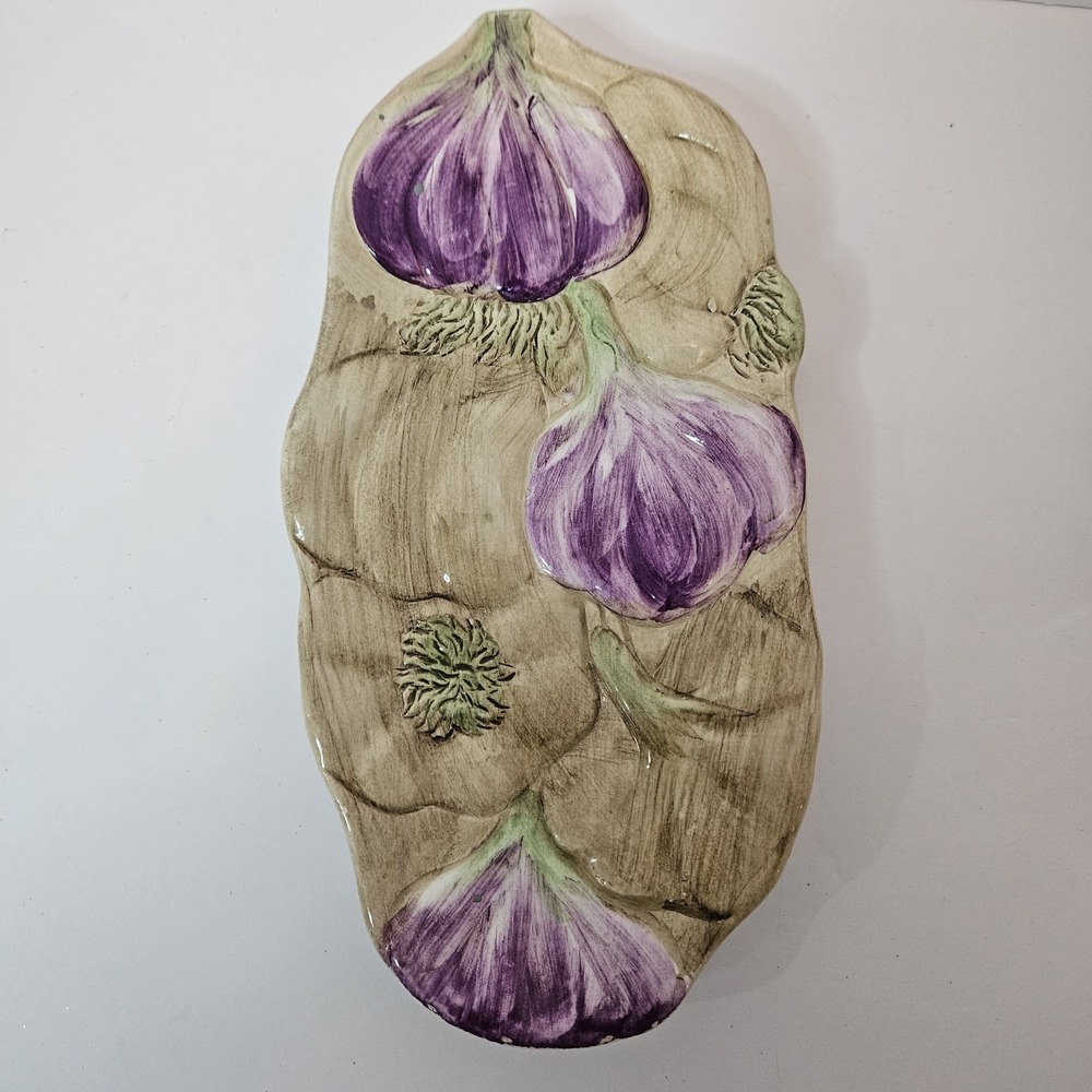 VTG Italian Majolica Ceramic Dish Valli Ceramiche Garlic Tray Hand Painted